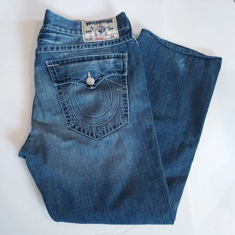 True Religion Distressed Straight Leg Blue Jeans Size 38